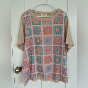 Y2K Granny Square Crochet Look Top Pastel Patchwork Sweater Thermal Shirt 1X